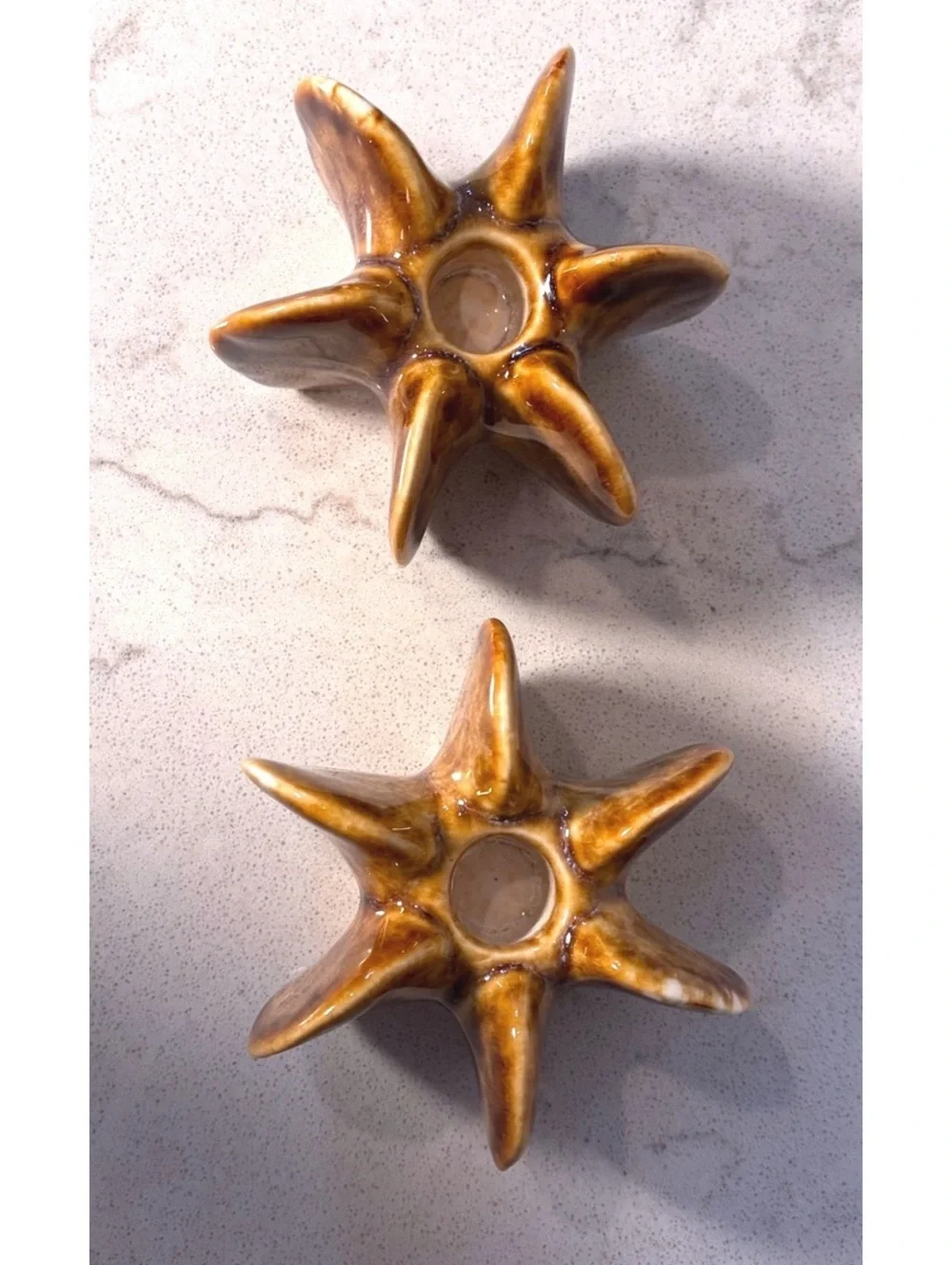 Pair Brown Glazed Ceramic Starburst Candle Holders Sculptural Modern Decor